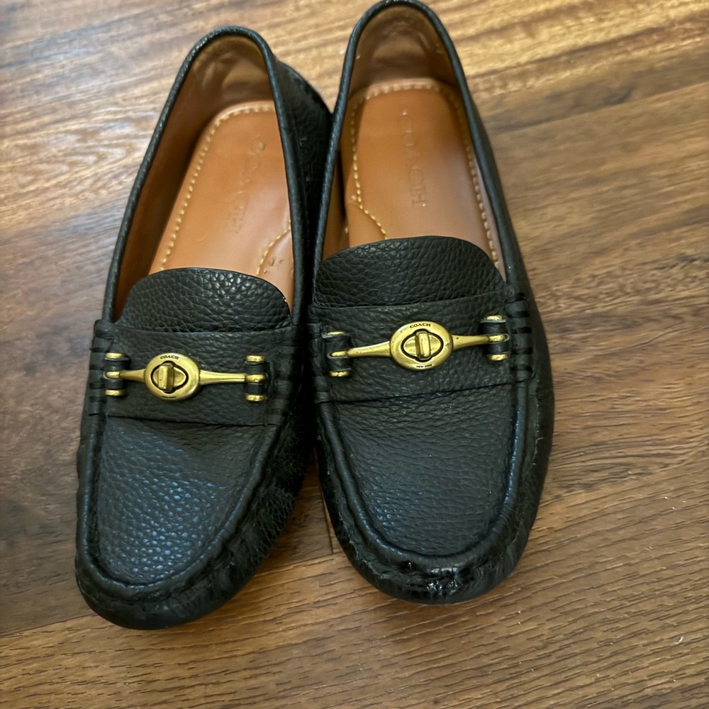 Coach Women’s Crosby Turnlock Black Leather Loafers with Gold Accents - Picture 2 of 7